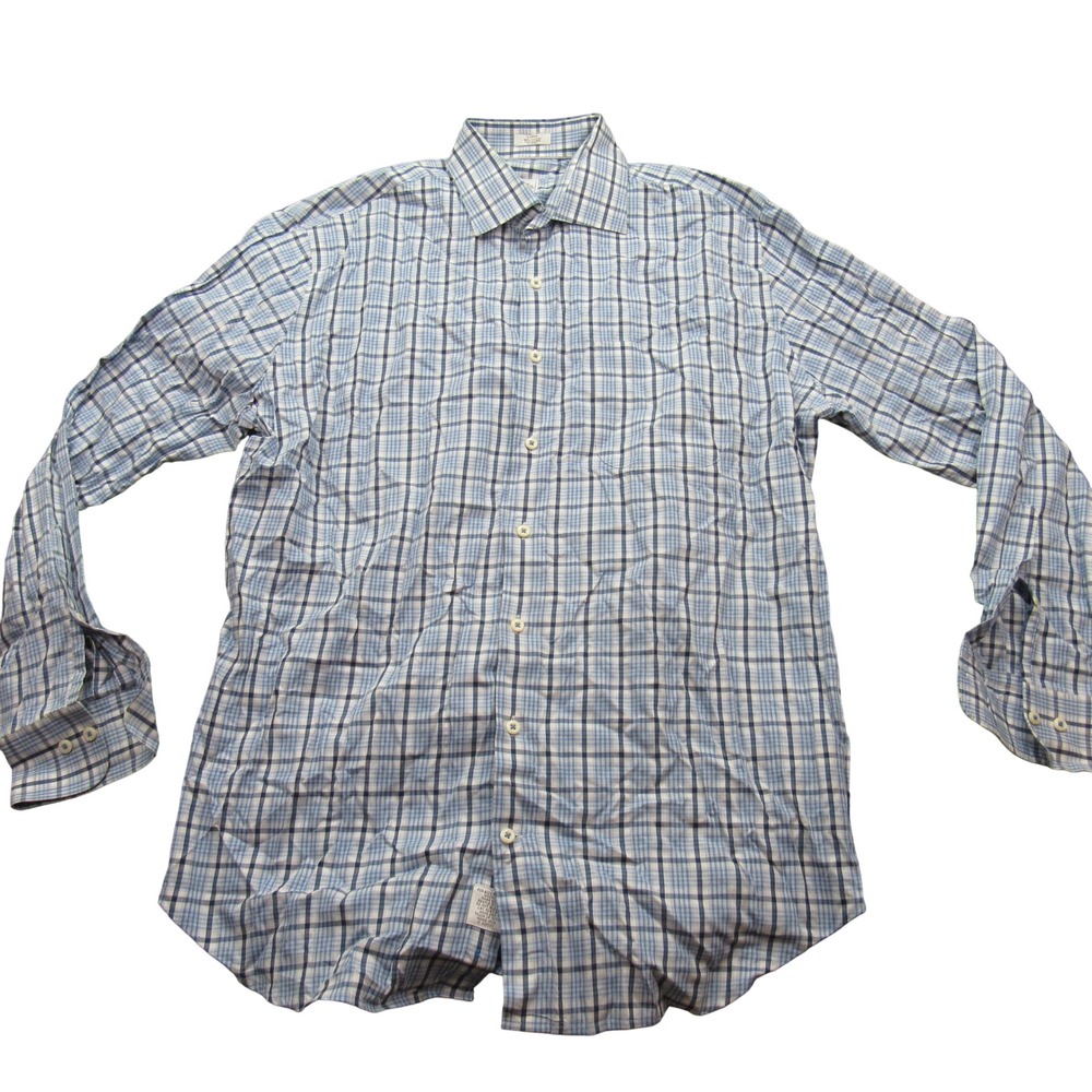 Peter Millar Mens Large Blue‎ Plaid Button Down Long Sleeve Casual Dress Shirt